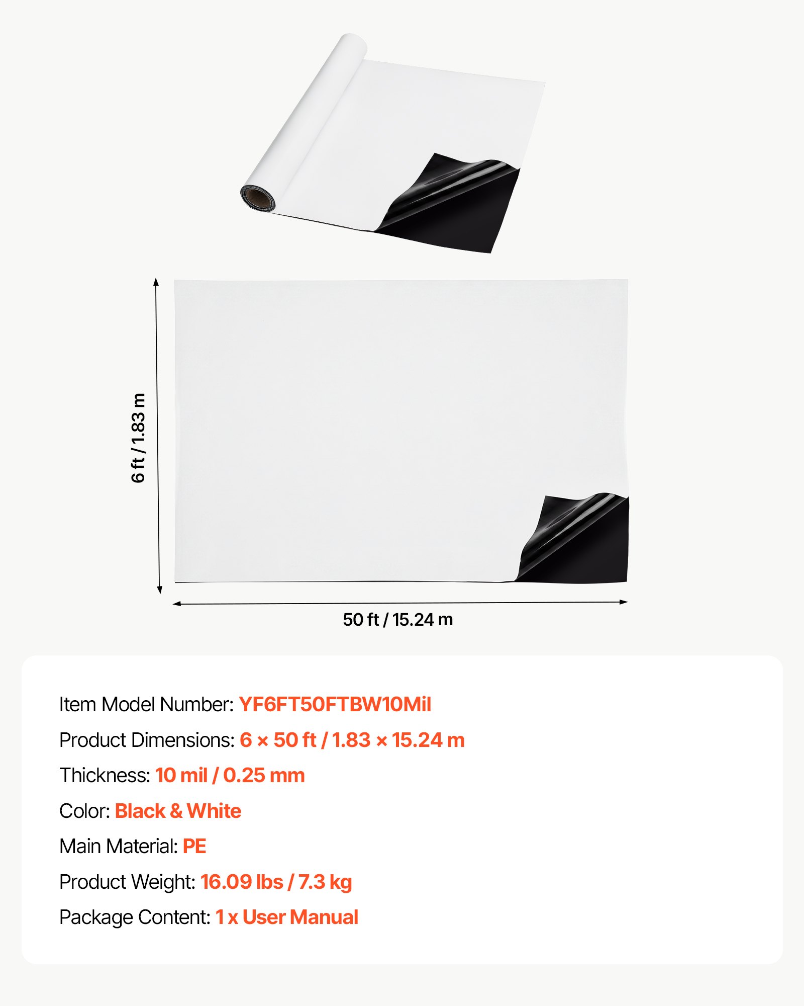 VEVOR Polyethyleenfolie 1,83 x 15,24 m Tuinfolie 0,25 mm Zwart/Wit, Plastic rol voor tuinieren, zeildoek, schildersdoek, kruipruimteafdekking, dampremmende laag, onkruidbestrijding
