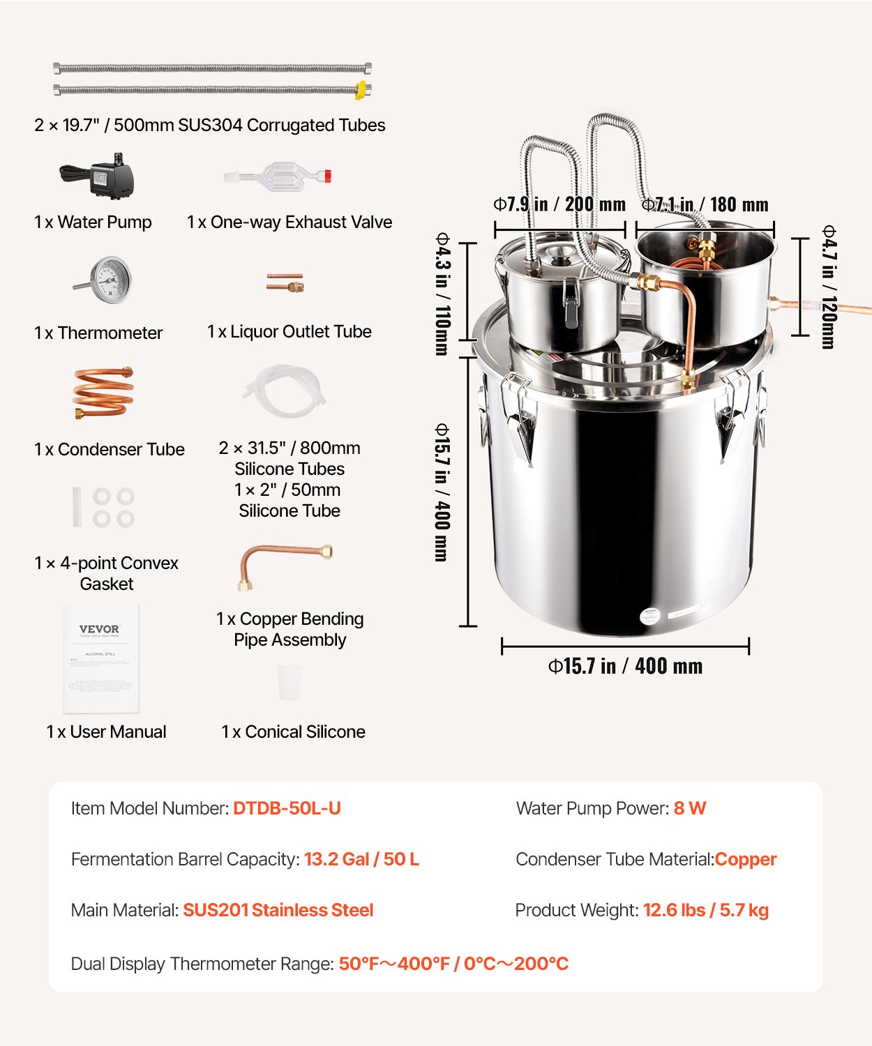 VEVOR Alcohol Still, 13.2 Gal / 50 L Stainless Steel Water Alcohol Distiller with Copper Coil for Fast Cooling, Dual Condenser Distiller Kit with Secondary Distillation, for Wine Whisky Brandy, Silver