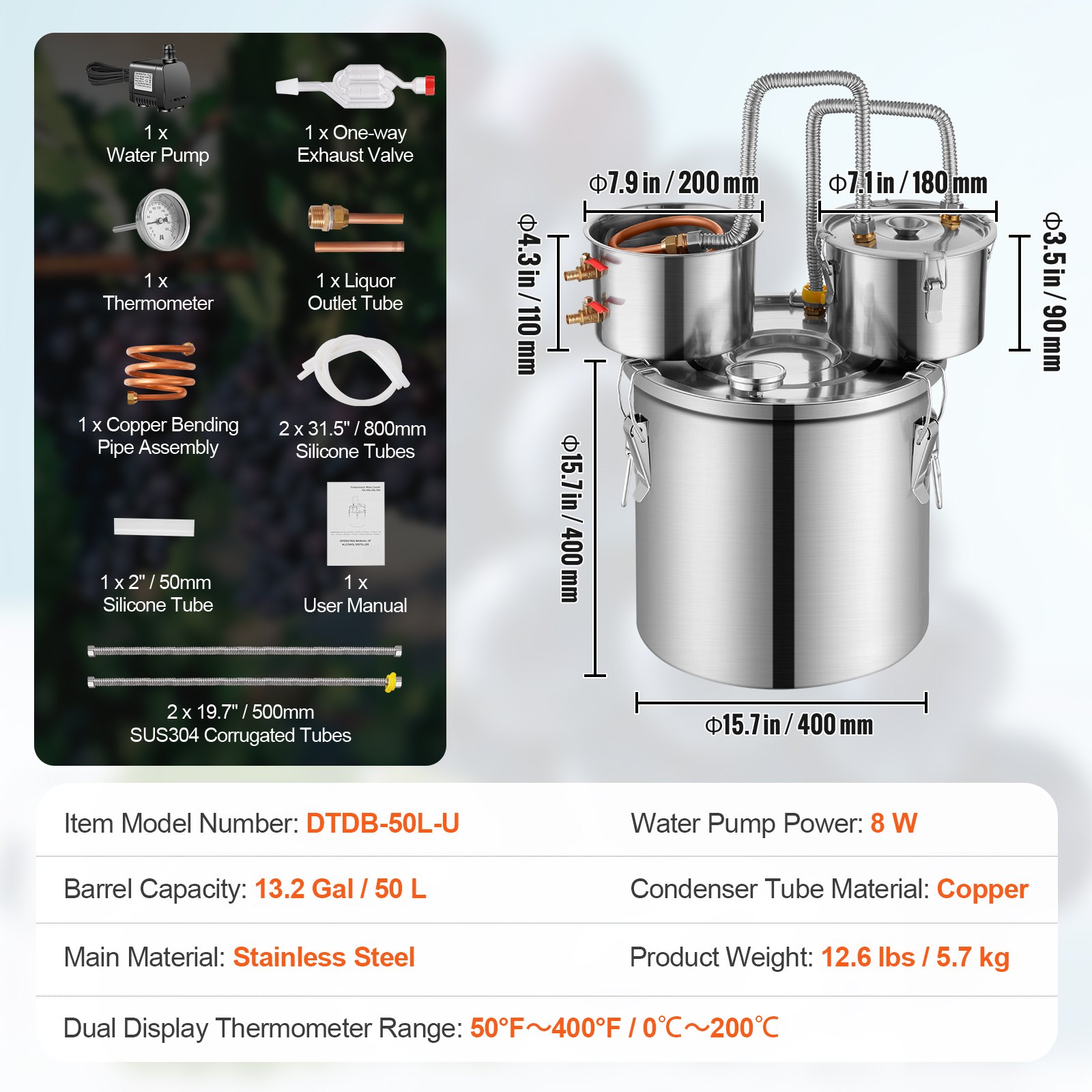 VEVOR Alcohol Distillatiesysteem Moonshine Still 50 L Water Alcohol Distillatiesysteem voor Snelle Koeling, Dubbele Condensator Distillatiekit met Secundaire Distillatie, voor Wijn Whisky Brandy Zilver