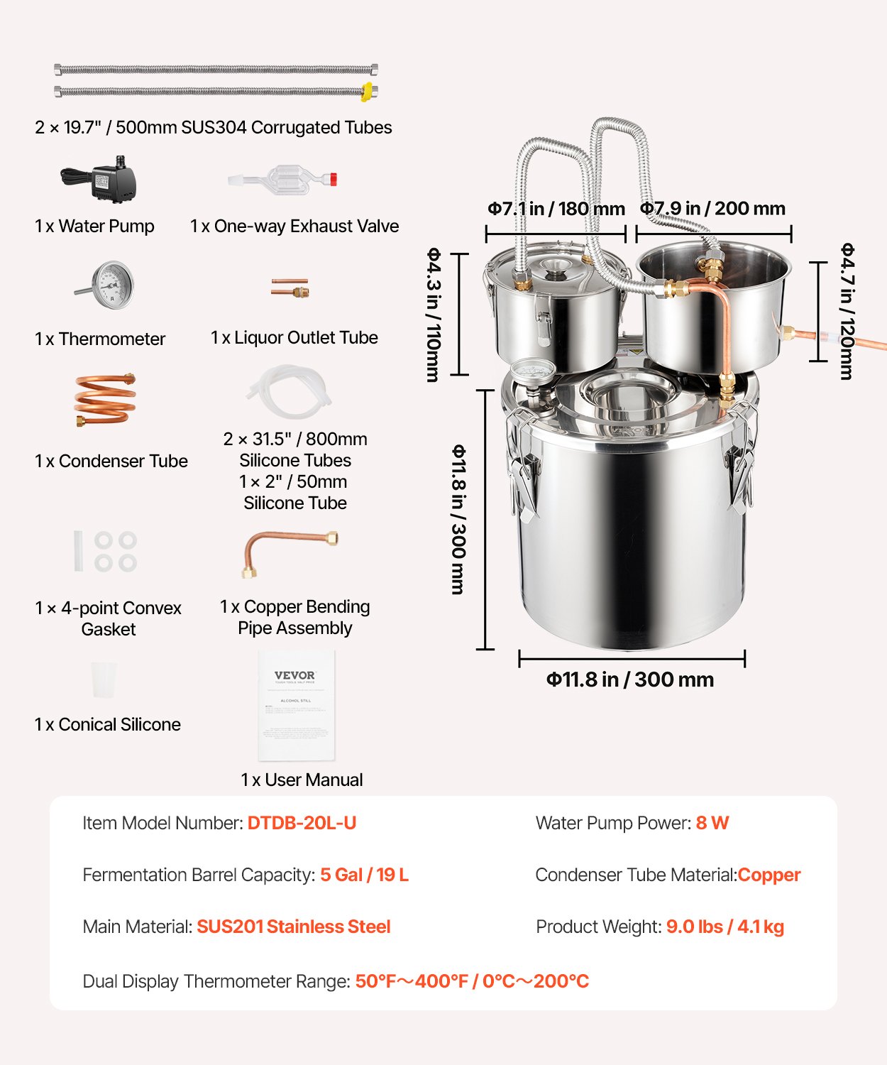 VEVOR Alcohol Distiller 19 L Water Alcohol Distiller Gemaakt van roestvrij staal met koperen spoel voor snelle koeling, dubbele condensor distillatiekit met secundaire distillatie, voor wijn whisky