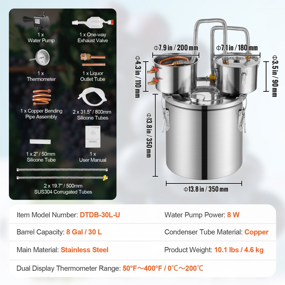 VEVOR Alcohol Still, 8 Gal / 30 L Stainless Steel Water Alcohol Distiller with Copper Coil for Fast Cooling, Dual Condenser Distiller Kit with Secondary Distillation, for Wine Whisky Brandy, Silver