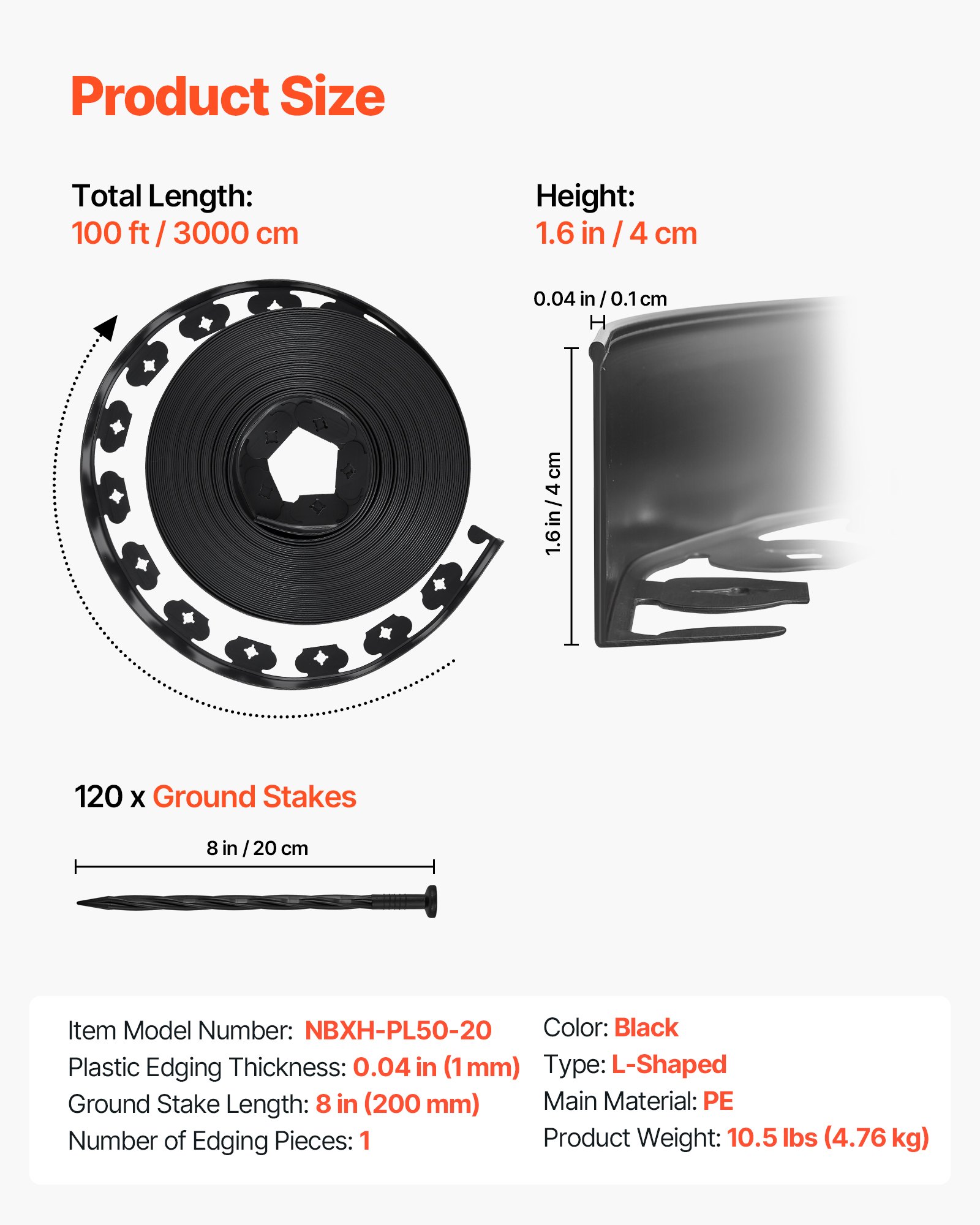 VEVOR Landscape Edging, 100 ft x 1.5 in Plastic Garden Border Edging with 120 Spikes, No Dig, Flexible Lawn Edgings Roll, UV-Resistant Mini Fence Borders Pathway Edgings for Flower Beds Yard Paver