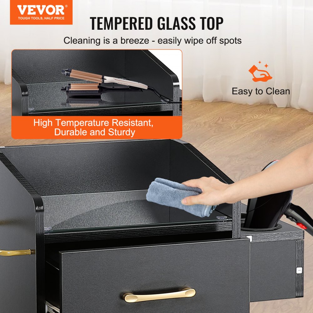 VEVOR opbergwagen kapsalon stationkast met glazen blad voor stylisten met lade drogerhouder kapsalonwagen van MDF op 4 wielen (2 afsluitbaar) voor kapsalon Beauty SPA