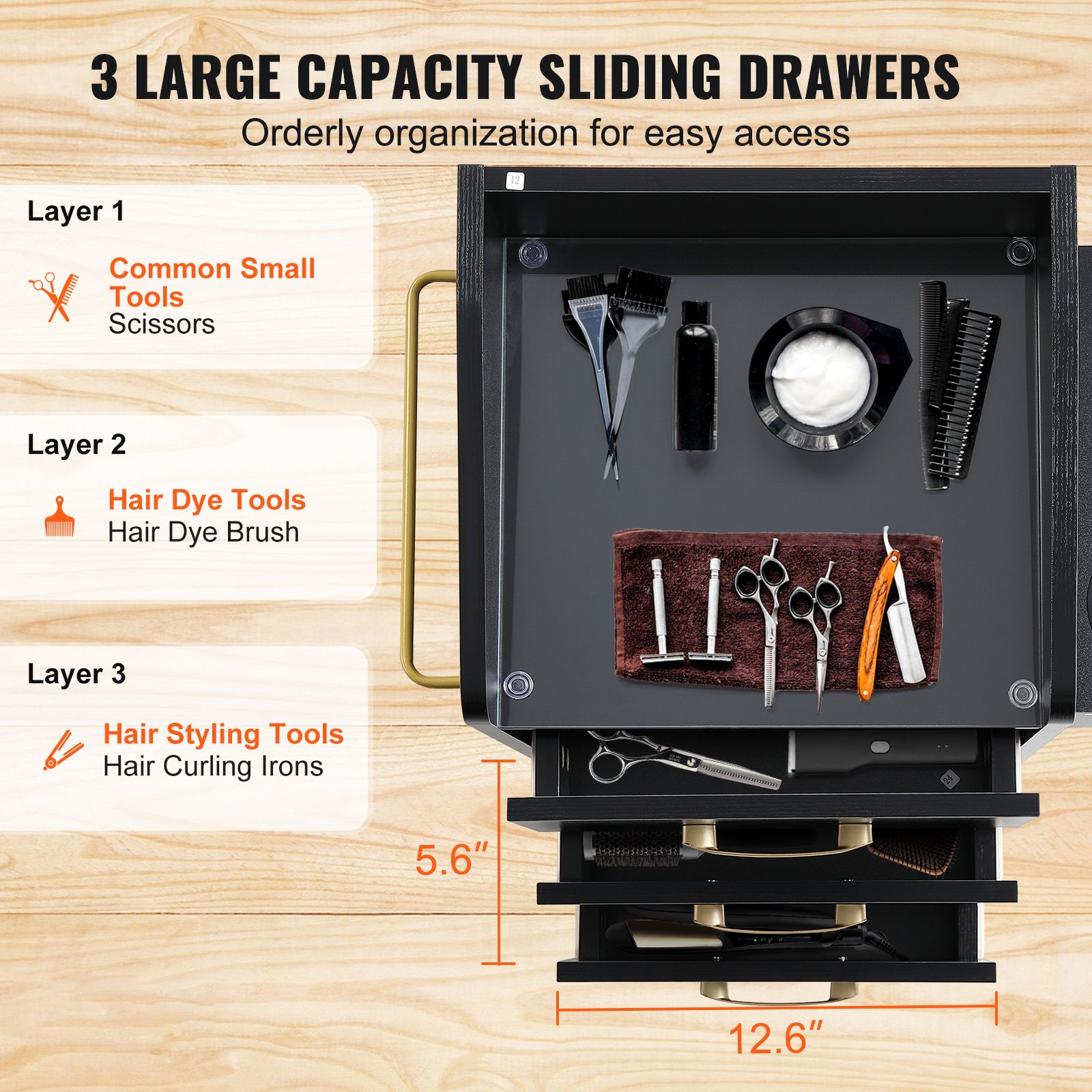 VEVOR opbergwagen kapsalon stationkast met glazen blad voor stylisten met lade drogerhouder kapsalonwagen van MDF op 4 wielen (2 afsluitbaar) voor kapsalon Beauty SPA