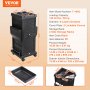 VEVOR salon trolley cart, black, dimensions and specifications displayed, multiple compartments and drawers.