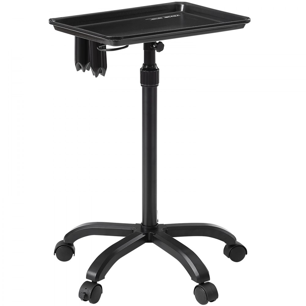 black VEVOR salon tray cart on wheels with adjustable height and side accessory holders.