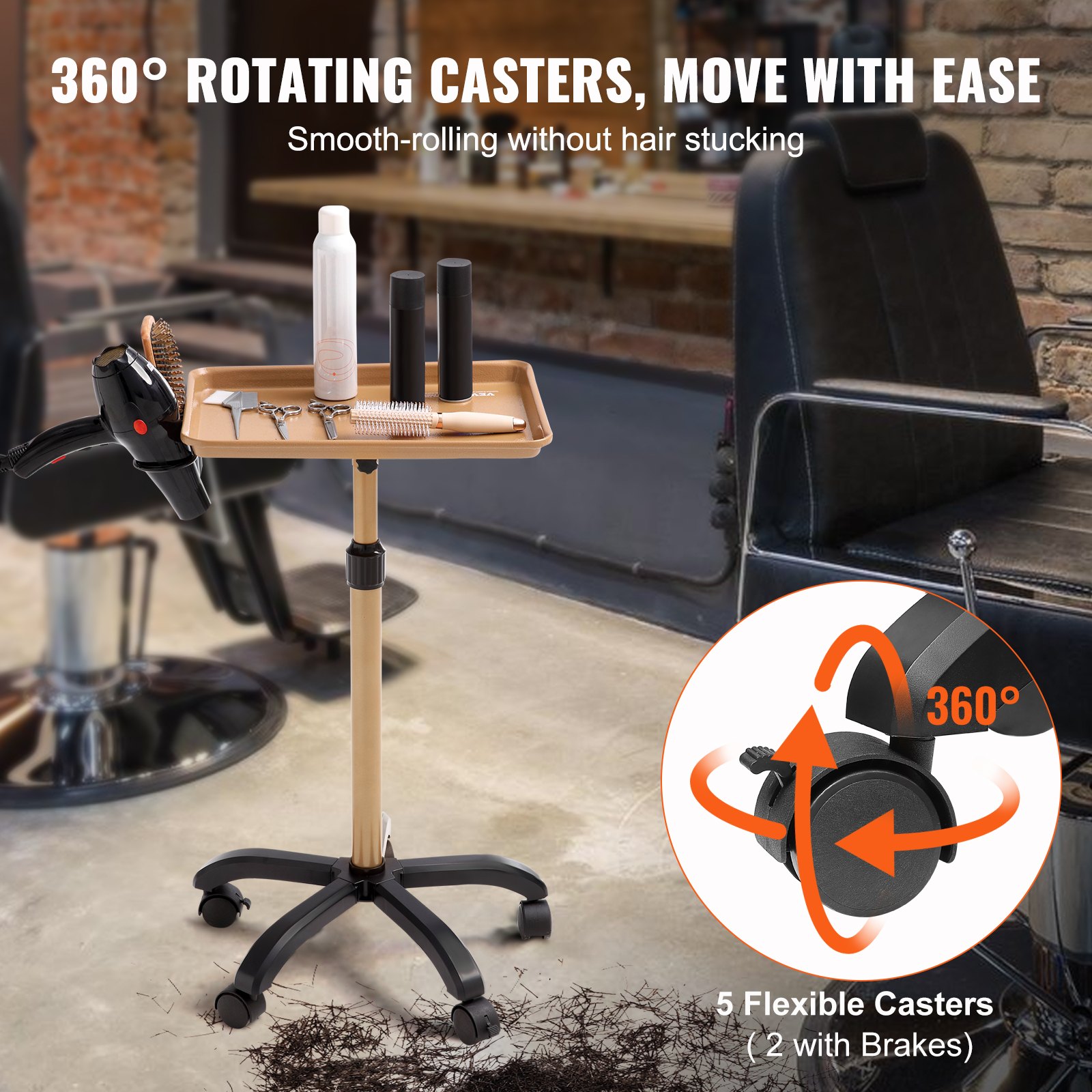 VEVOR Salon Tray Cart In hoogte verstelbare Rolling Salon Tray 30-43" Koudgewalste plaat Tattoo Tray met 5 wielen (2 afsluitbaar) voor SPA Hair Clinic Goud Zwart