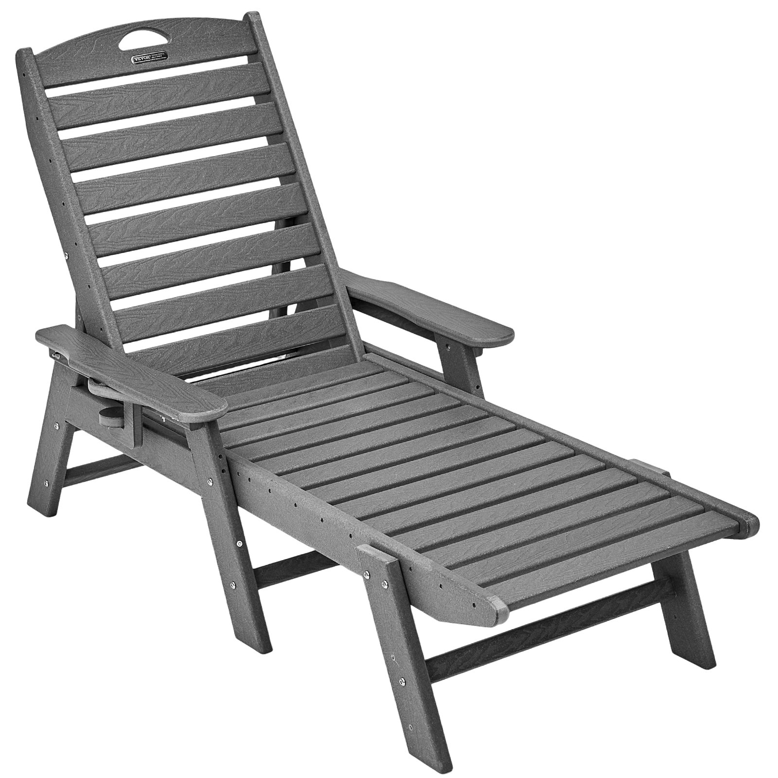 VEVOR Chaise Lounge Chair, 204 kg draagvermogen, verstelbare patio-loungestoel voor buiten met 6-voudig verstelbare rugleuning, HDPE-loungestoel met bekerhouder voor aan het zwembad, op het terras, in de achtertuin en op het gazon, grijs
