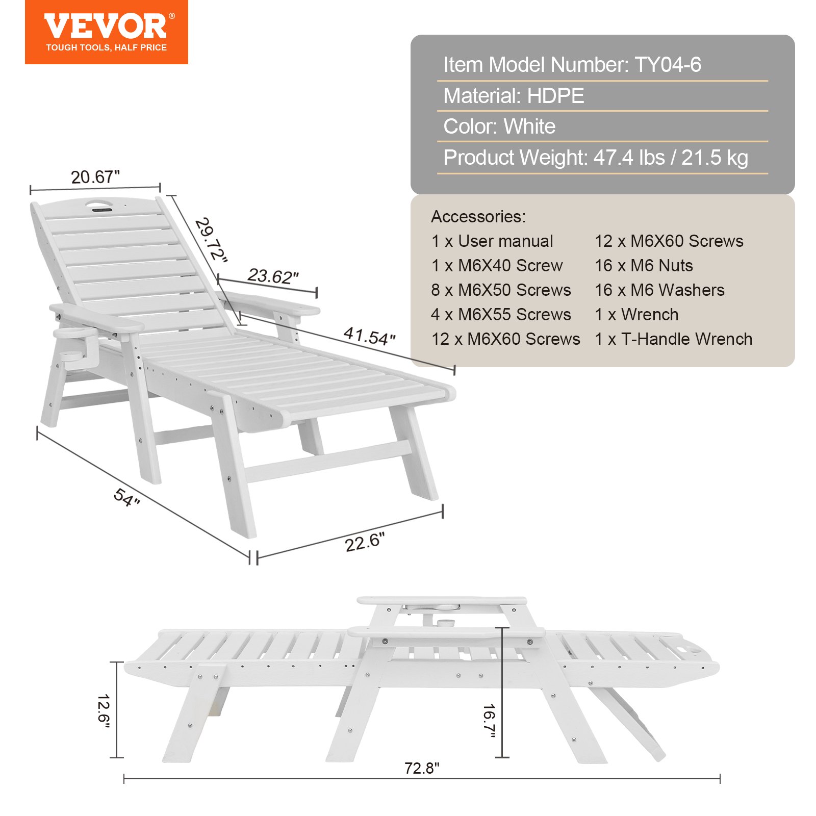 VEVOR Chaise Lounge Chair, draagvermogen 450 lbs, verstelbare patio-loungestoel voor buiten met 6-voudig verstelbare rugleuning, HDPE-loungestoel met bekerhouder voor aan het zwembad, op het terras, in de achtertuin, op het gazon, wit