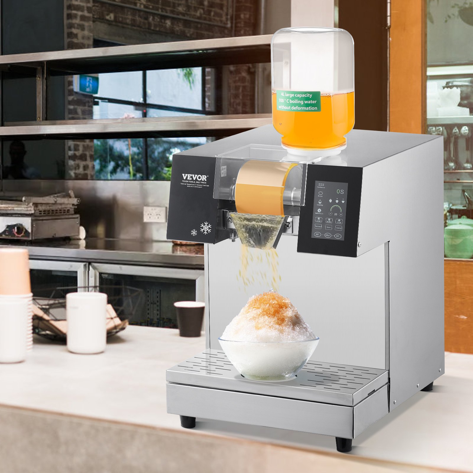 VEVOR Commerciële Sneeuwvlok-ijsmachine, 240 kg/24u Sneeuwvlok-ijsmachine, RVS ijsschaaf, Elektrische sneeuwkegelmaker, Vloeistofkoelsysteem met touchscreen LCD