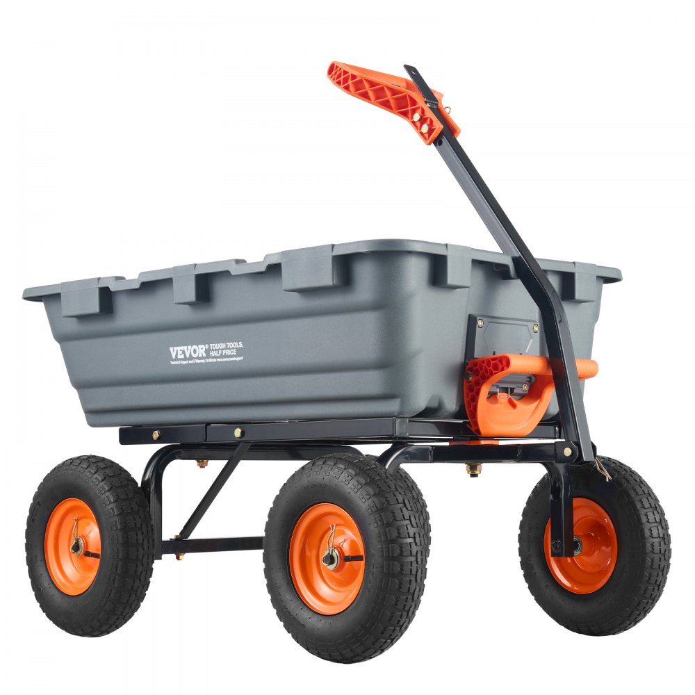 dark gray VEVOR dump cart with four orange wheels and a black handle featuring an orange grip.