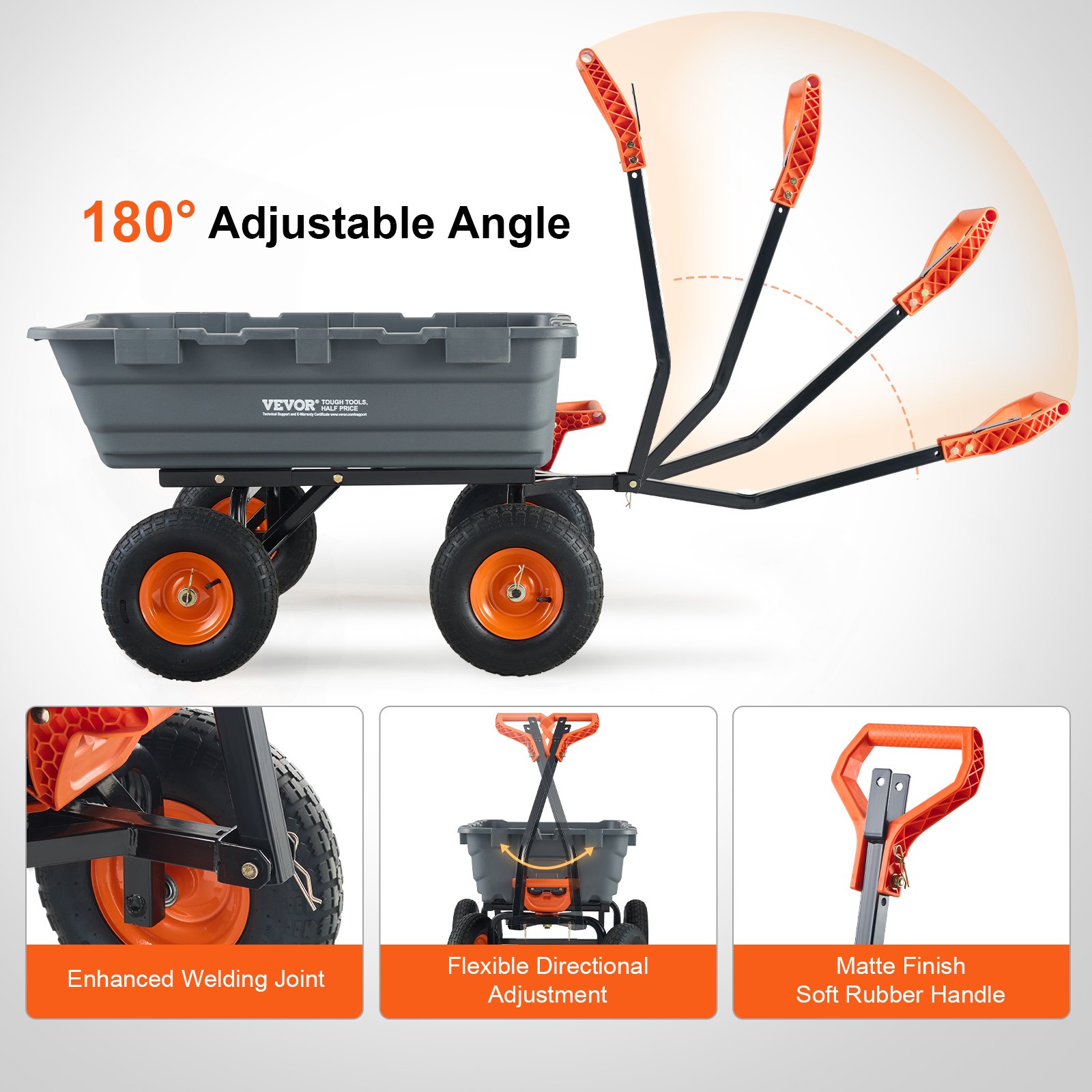 VEVOR Tuinwagen, Tuinkar met eenvoudig te monteren stalen frame, Tuinwagen met omvormbare 2-in-1 handgreep, Multifunctionele kruiwagen met een capaciteit van 680 kg, 33 cm banden