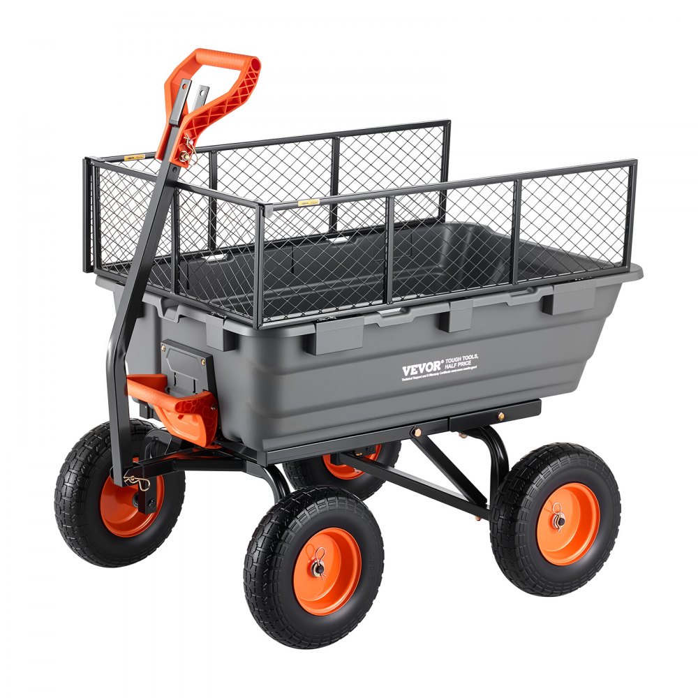 VEVOR tuinkar met kantelfunctie, 544 kg draagvermogen, 270° draaibare transportkar voor tuinieren, gemaakt van kunststof en staal met 13 inch PU-banden en metalen hekwerk voor gazon, grind en modder.