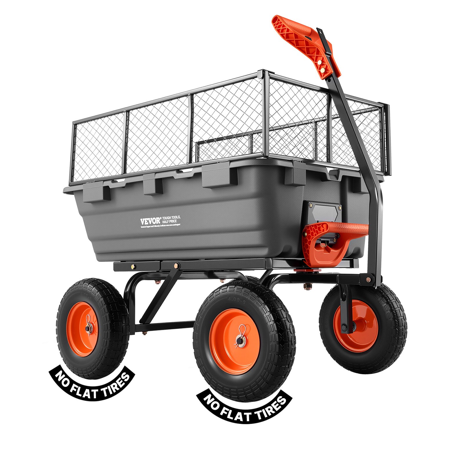 VEVOR tuinkar met kantelfunctie, 544 kg draagvermogen, 270° draaibare transportkar voor tuinieren, gemaakt van kunststof en staal met 13 inch PU-banden en metalen hekwerk voor gazon, grind en modder.