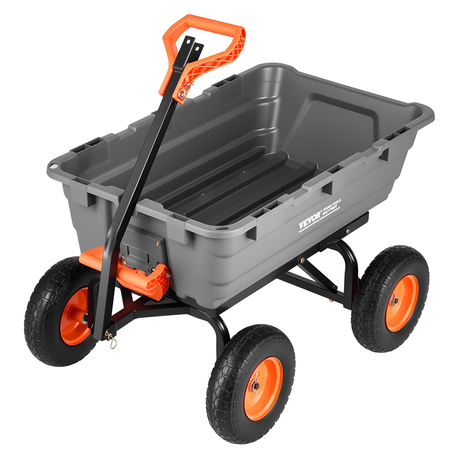 VEVOR tuinkar met kantelfunctie, 544 kg draagvermogen, 270° draaibare transportkar voor tuinieren, gemaakt van kunststof en staal met 13 inch PU-banden en metalen hekwerk voor gazon, grind en modder.