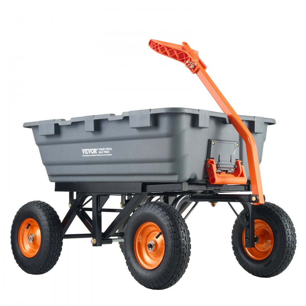 VEVOR dump cart with orange handle, black steel frame, large gray container, and four orange wheels.