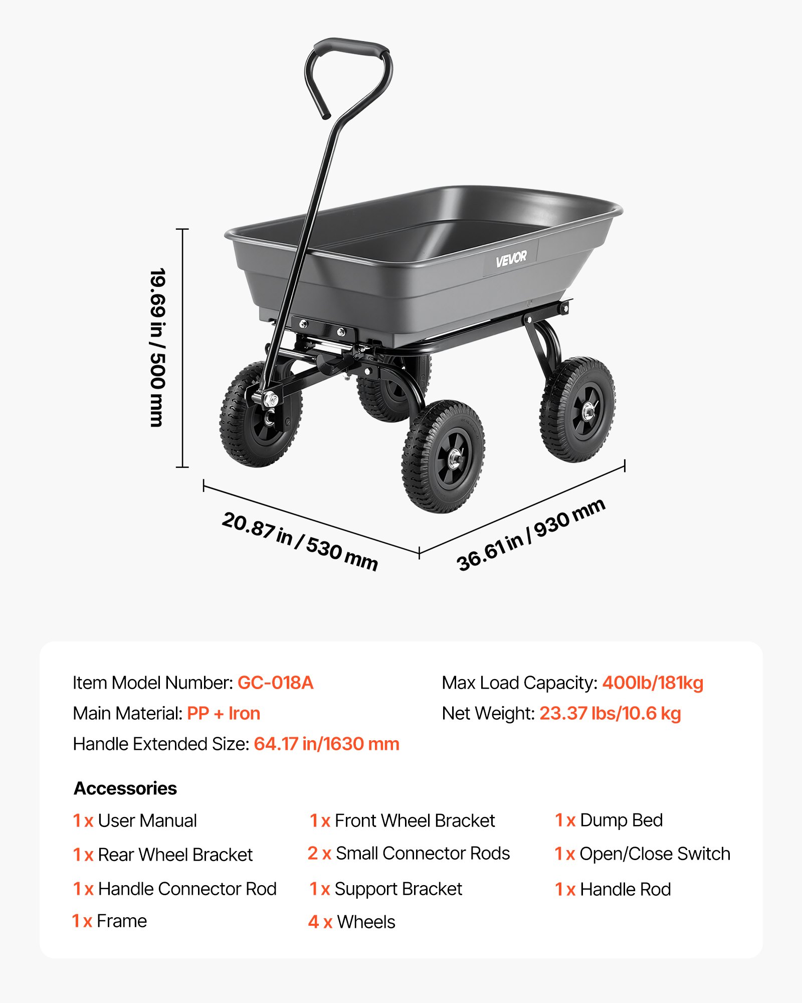 VEVOR tuinkar met kantelfunctie, 181 kg draagvermogen, 270° draaibare transportkar voor tuinieren, gemaakt van kunststof en staal met 8 inch kunststof banden, kantelkar voor gazon, grind en modder.