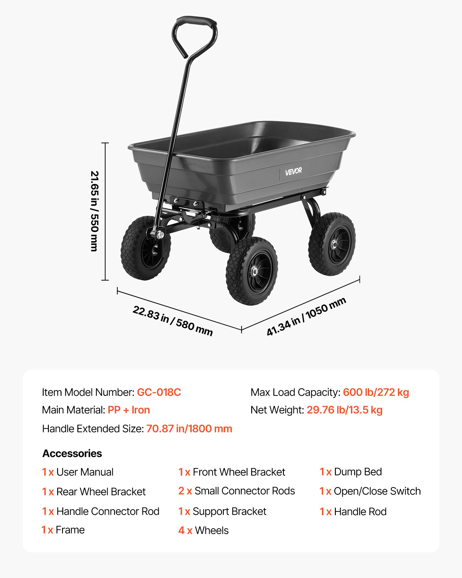 VEVOR tuinkar met kantelfunctie, 272 kg draagvermogen, 270° draaibare transportkar voor tuinieren, gemaakt van kunststof en staal met 10-inch kunststof banden, kantelkar voor gazon, grind en modder.