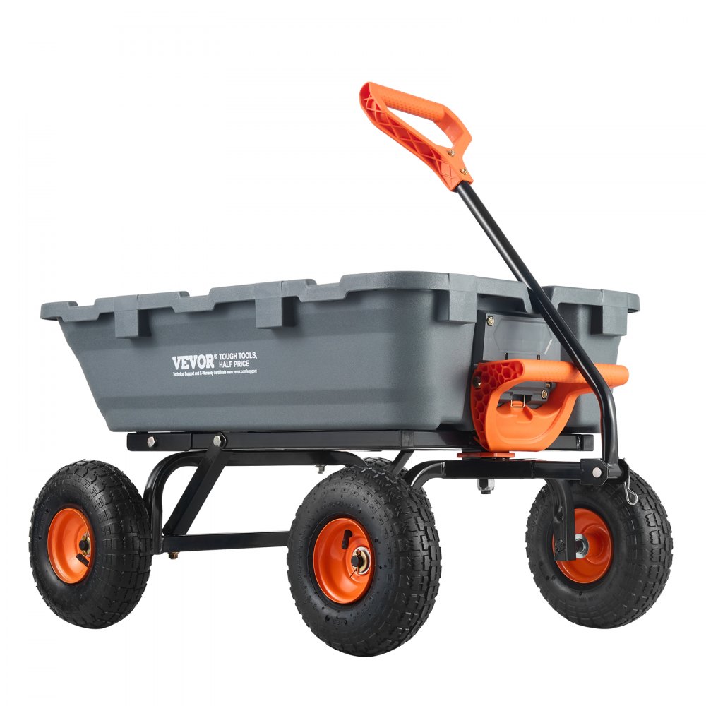 VEVOR dump cart in gray with orange handle and wheels, designed for heavy-duty garden work.