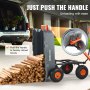 VEVOR dump cart unloading firewood with ease by pushing the handle, showcasing convenient use.