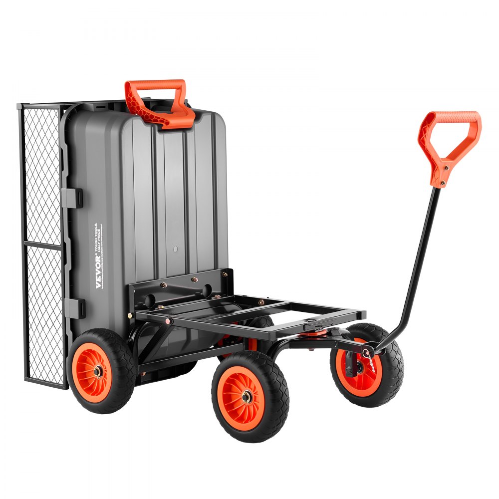 VEVOR tuinkar met kantelfunctie, 362 kg draagvermogen, 270° draaibare transportkar voor tuinieren, gemaakt van kunststof en staal met 10-inch kunststof banden, metalen hekwerk voor gazon, grind en modder.