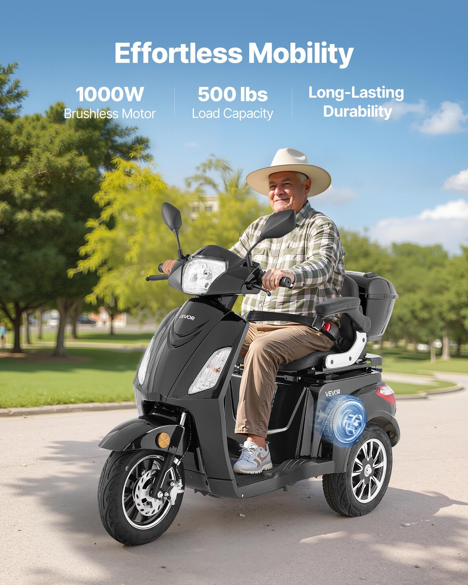 VEVOR 3-wielige elektrische scootmobiel voor senioren en volwassenen, draagvermogen 227 kg, actieradius 35 km met 3 snelheden, 1000 W, maximale hellingshoek 20°