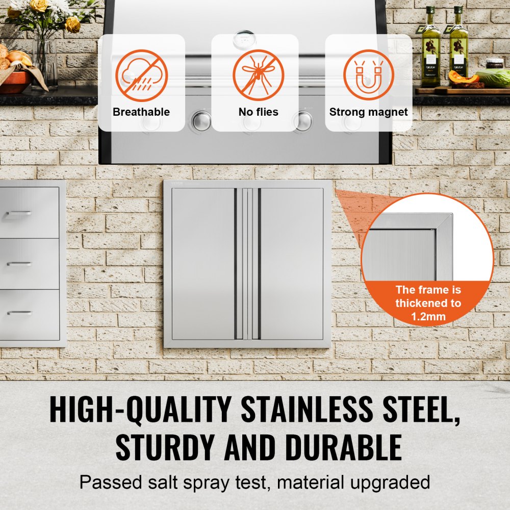 VEVOR Grilltoegangsdeur, 610 x 610 mm, dubbele buitenkeukendeur, vlakke roestvrijstalen deur, verticale wanddeur met intrekbare handgrepen, voor grill-eiland, grillstation, buitenkast