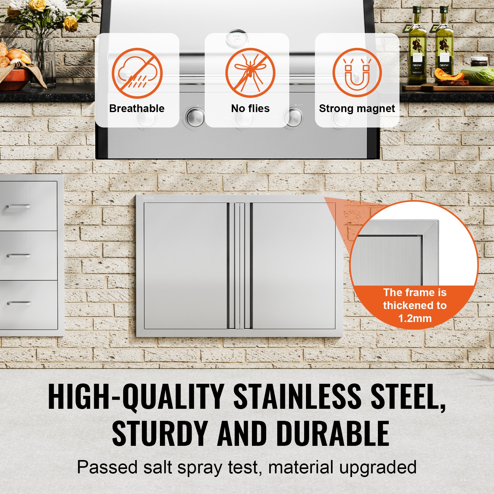 VEVOR Grilltoegangsdeur, 774 x 532 mm, dubbele buitenkeukendeur, vlak gemonteerde roestvrijstalen deur, verticale wanddeur met intrekbare handgrepen, voor grill-eiland, grillstation, buitenkast