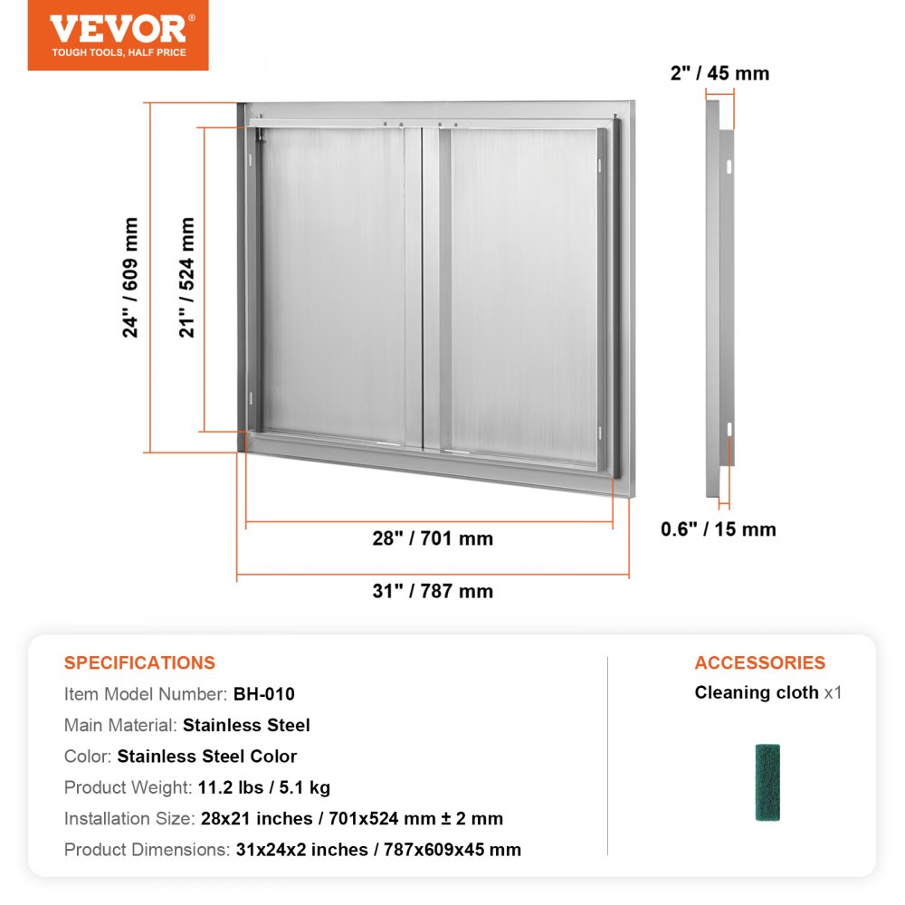 VEVOR BBQ Access Door, 787x609 mm Double Outdoor Kitchen Door, Stainless Steel Flush Mount Door, Wall Vertical Door with Recessed Handles , for BBQ Island, Grilling Station, Outside Cabinet