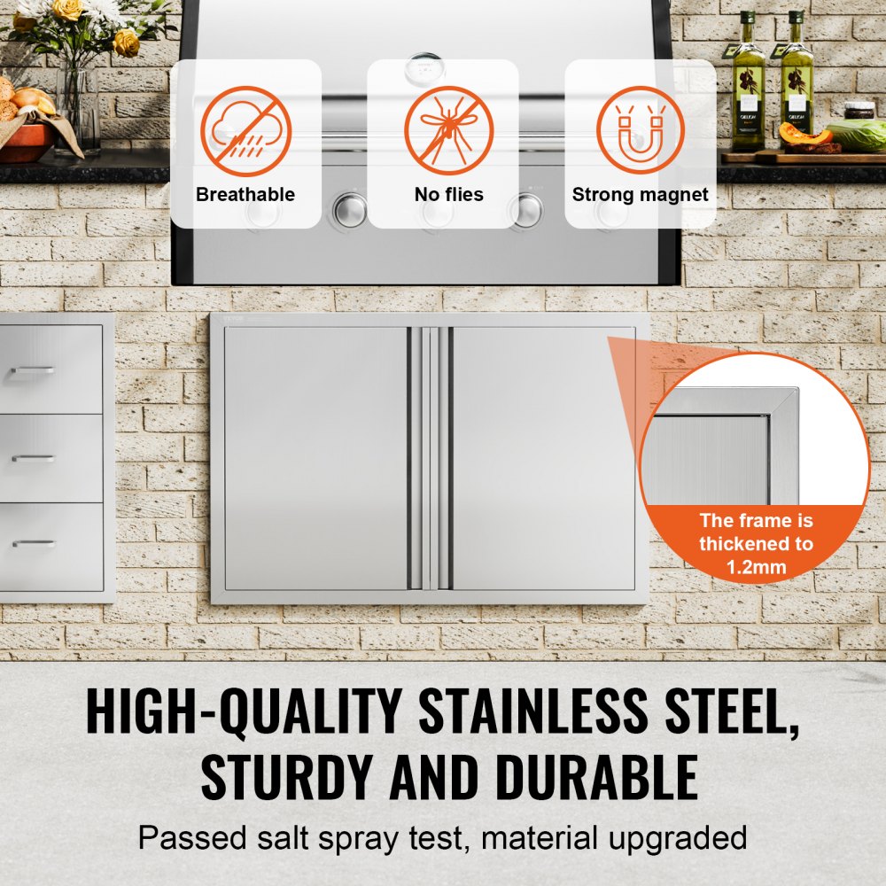 VEVOR Grilltoegangsdeur, 914 x 610 mm, dubbele buitenkeukendeur, vlak gemonteerde roestvrijstalen deur, verticale wanddeur met intrekbare handgrepen, voor grill-eiland, grillstation, buitenkast