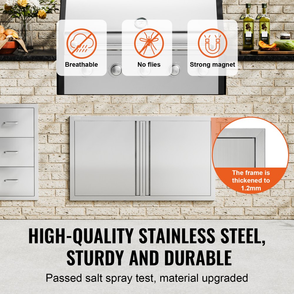 VEVOR BBQ Access Door, 914x534 mm Double Outdoor Kitchen Door, Stainless Steel Flush Mount Door, Wall Vertical Door with Recessed Handles , for BBQ Island, Grilling Station, Outside Cabinet