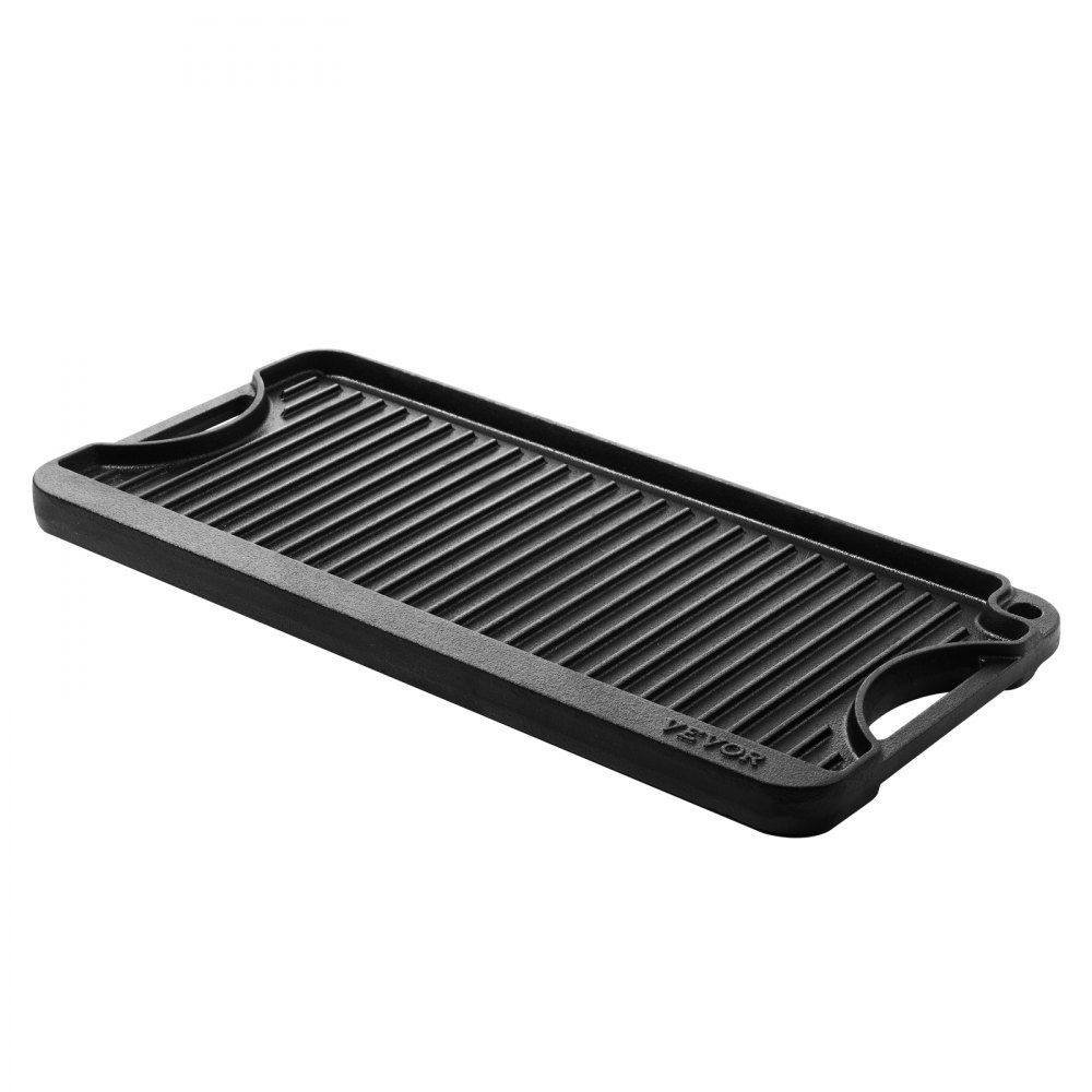 VEVOR gietijzeren omkeerbare grillpan (492 x 218 mm), draagbare rechthoekige pan met handvat, kookgerei voor fornuizen, binnen-/buitengrill, zwart