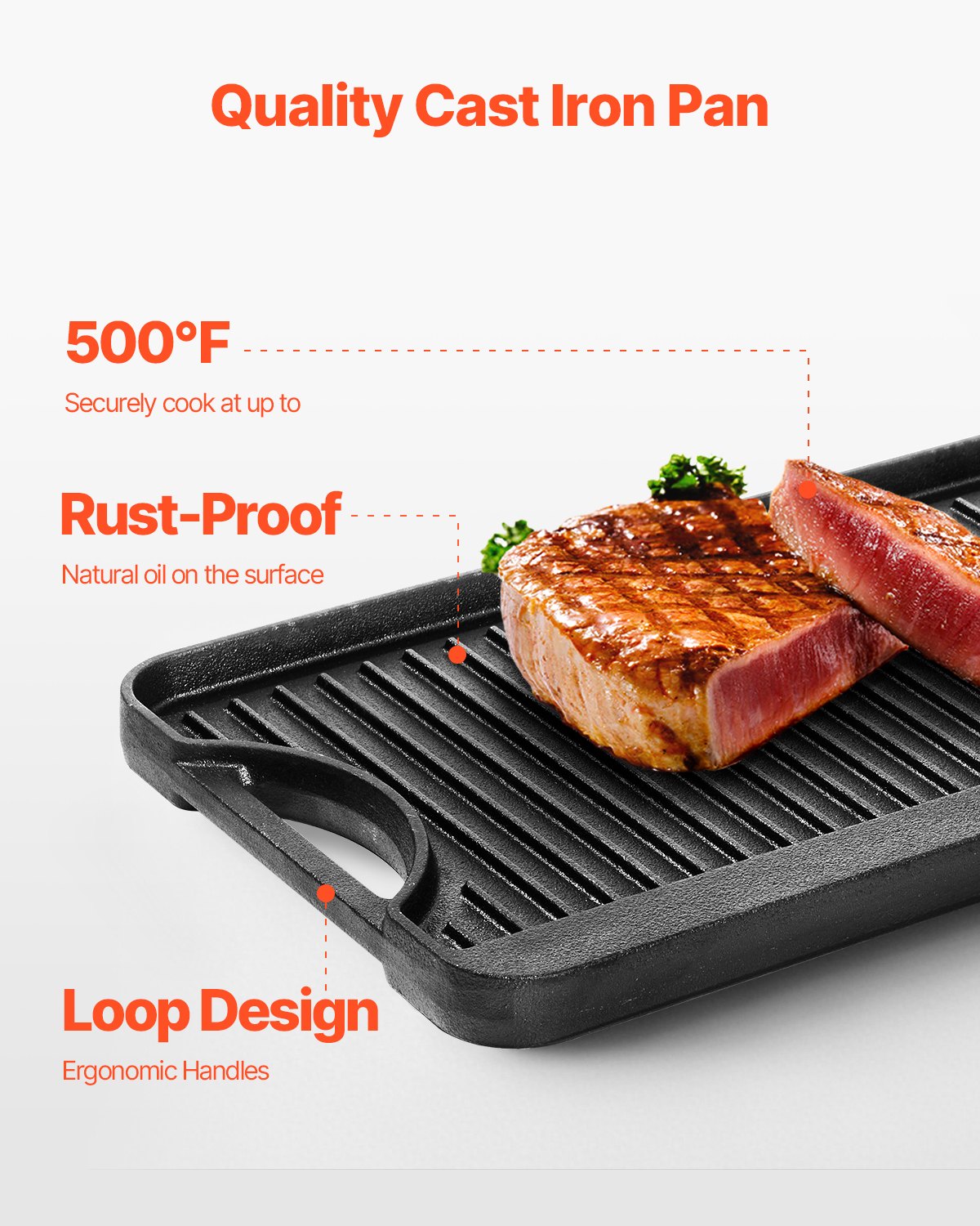 VEVOR gietijzeren omkeerbare grillpan (492 x 218 mm), draagbare rechthoekige pan met handvat, kookgerei voor fornuizen, binnen-/buitengrill, zwart