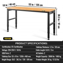 VEVOR Workbench Adjustable Height, 135cm WX 46cm DX 97cm H Garage Table with 72 – 97 cm Heights & 900KG Load Capacity, with Power Outlets & Hardwood Top & Metal Frame & Foot Pads, for Office Home