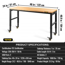 VEVOR Workbench Adjustable Height, 122cm W X 61cm D X 104cm H Garage Table with 79 – 104 cm Heights & 720KG Capacity, with Power Outlets & Hardwood Top & Metal Frame & Swivel Casters, for Office Home