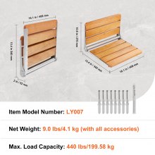 VEVOR opklapbaar douchezitje eiken wandgemonteerde douchebank 200kg 340x408mm rugleuning