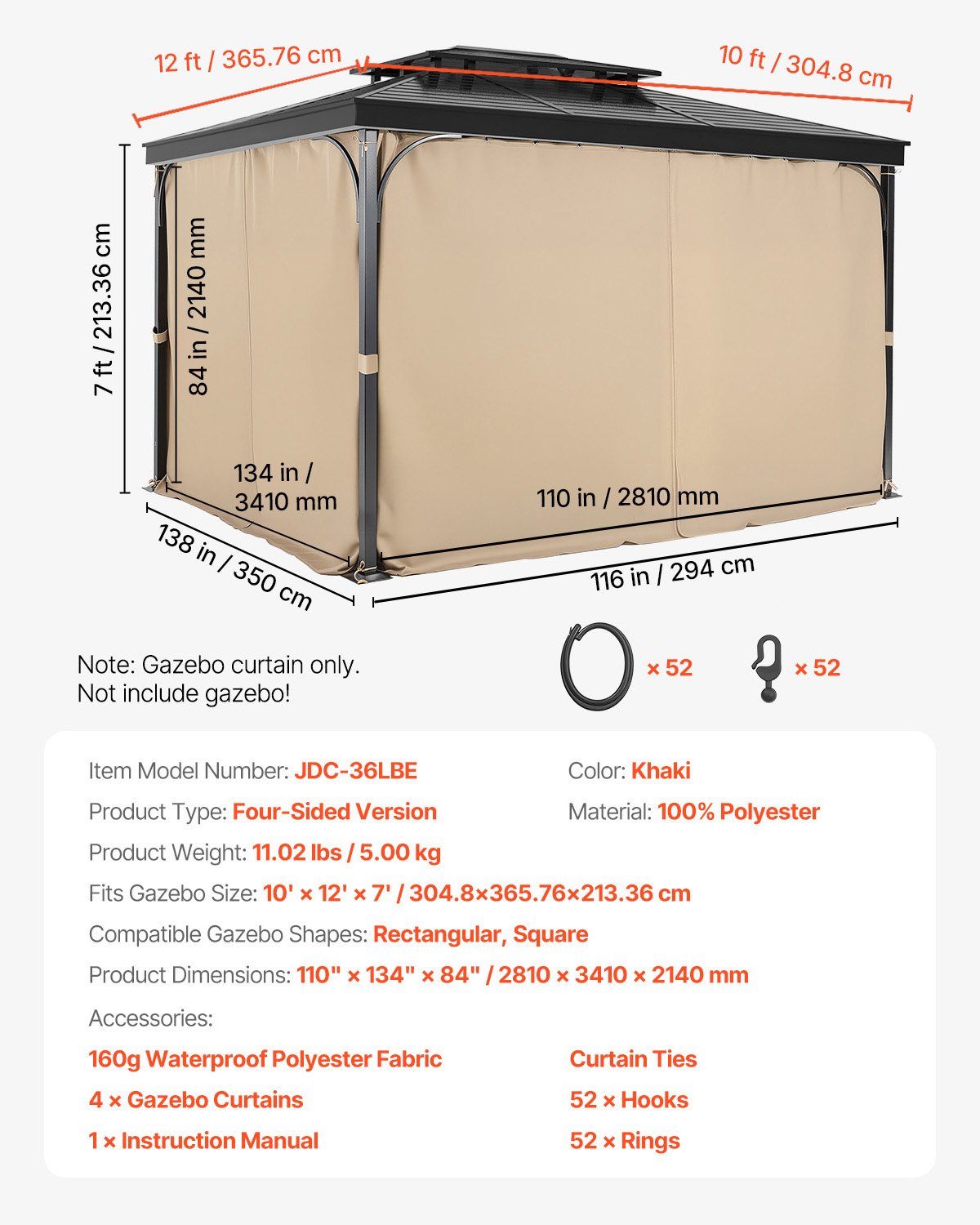 VEVOR Gazebo Curtains Outdoor, 12' x 10' x 7' Gazebos, 4-Panel Sidewall Gazebo Privacy Curtains with Zippers, Outdoor Curtain Replacement for Patio Canopy, Only Curtain, Khaki
