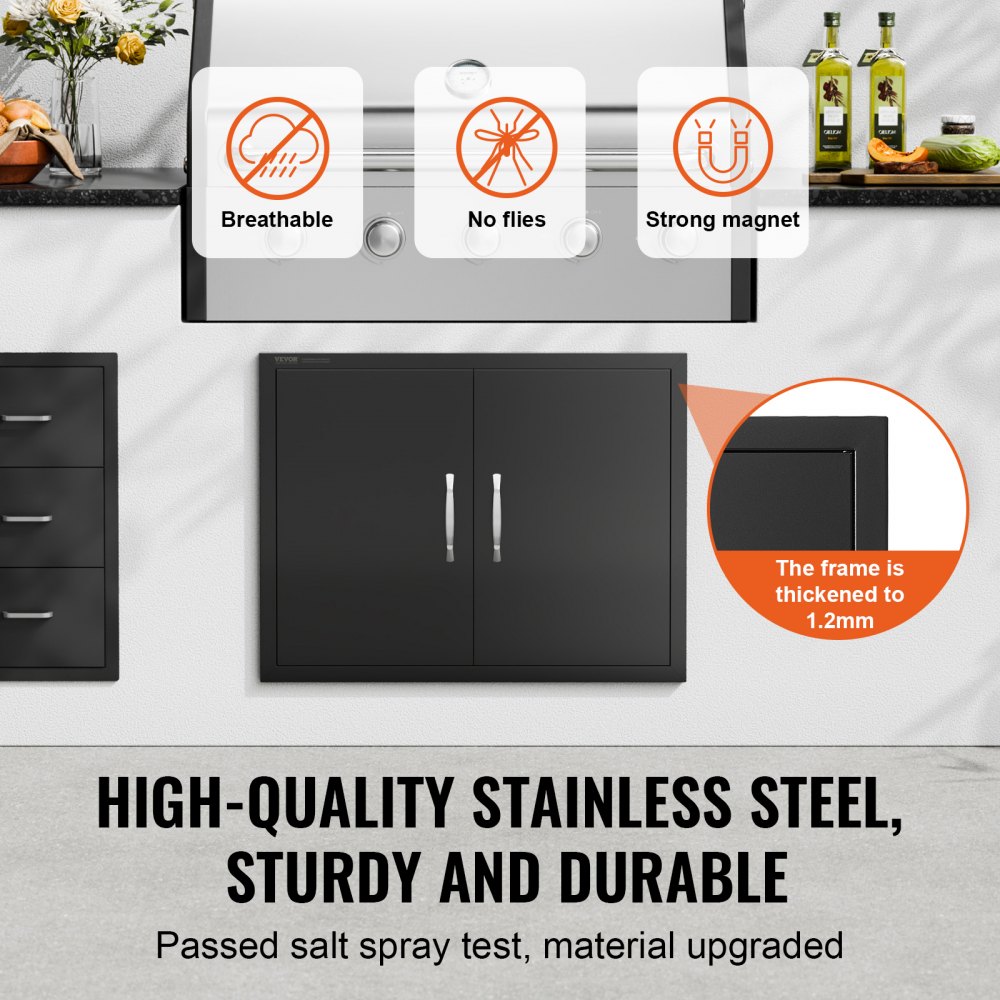 VEVOR BBQ Access Door, 788x610 mm Double Outdoor Kitchen Door, Cold Plate Flush Mount Doors, Wall Vertical Doors with Handles, for BBQ Island, Grilling Station (Stainless Steel + Oil-Sprayed Product)