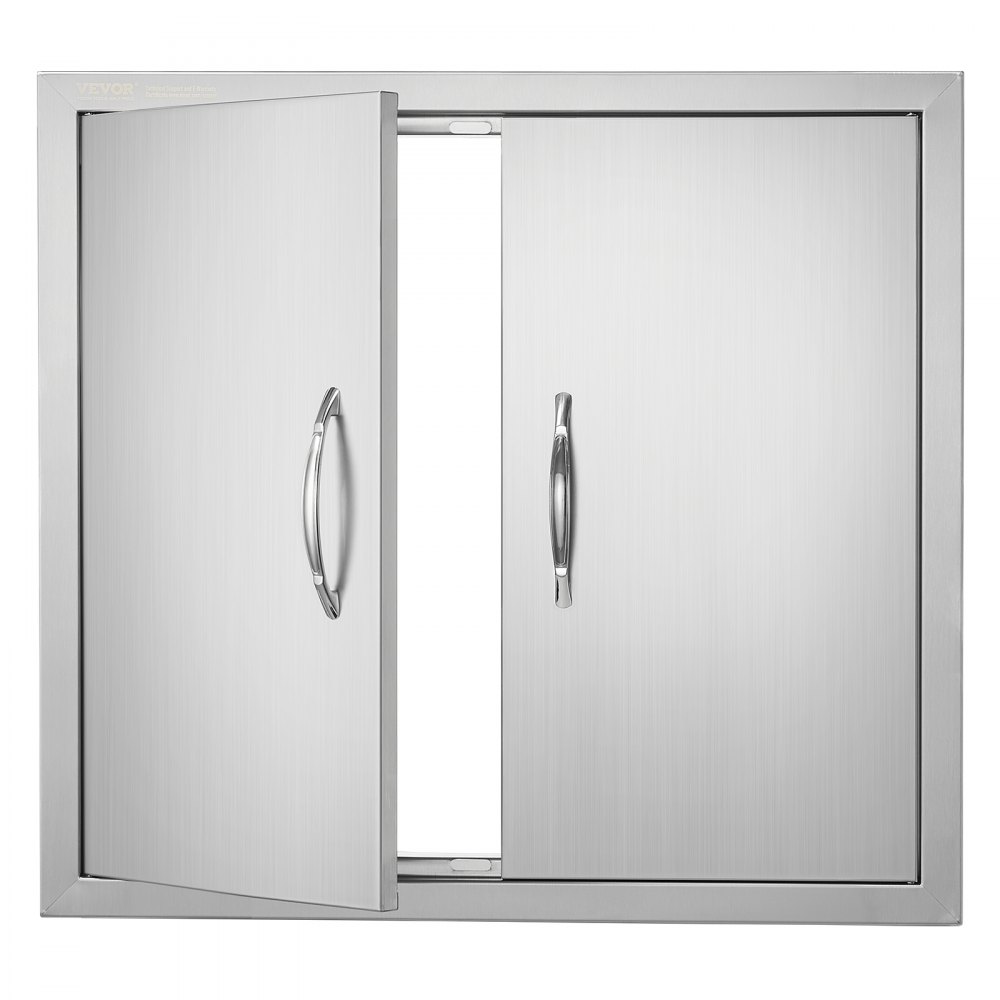 stainless steel VEVOR bbq access door with dual handles, one door partially open showing sleek design.