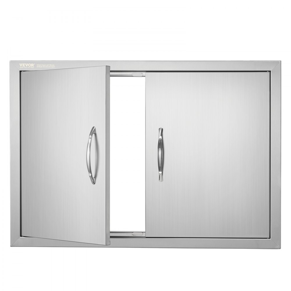 stainless steel VEVOR bbq access door with two sleek handles, one door partially open.