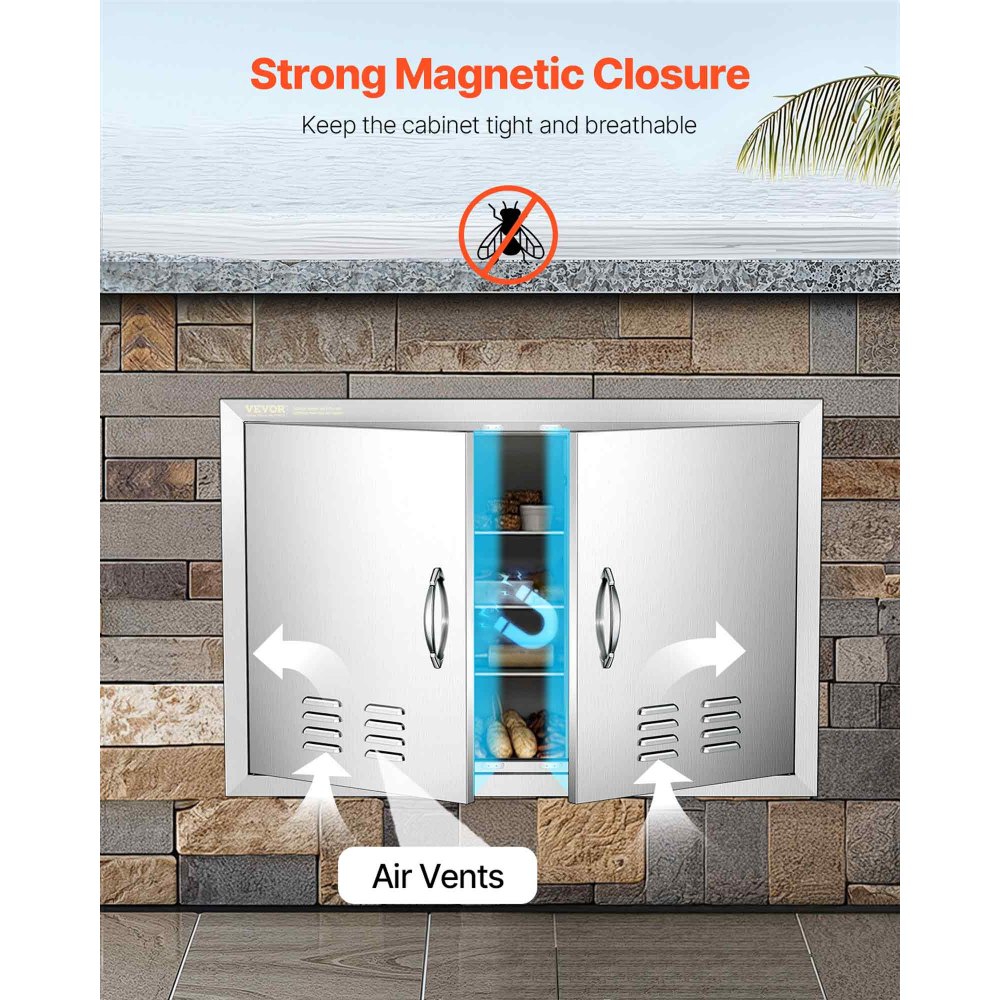 VEVOR BBQ Access Door, 762x533 mm Double Outdoor Kitchen Door, Stainless Steel Flush Mount Door, Wall Vertical Door with Handles and Vents, for BBQ Island, Grilling Station, Outside Cabinet