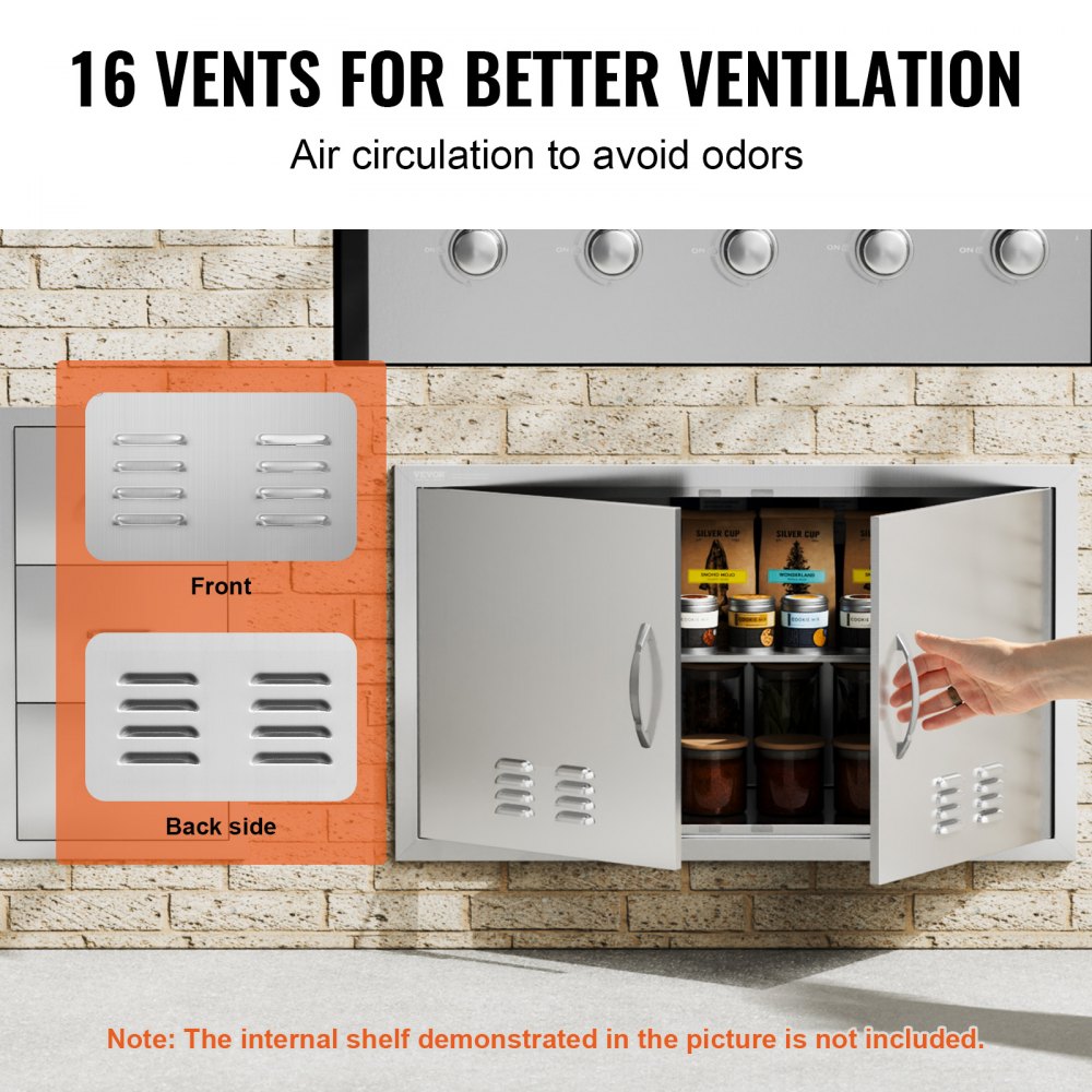 VEVOR Grilltoegangsdeur, 914 x 534 mm, dubbele buitenkeukendeur, vlak gemonteerde roestvrijstalen deur, verticale wanddeur met handgrepen en ventilatieopeningen, voor grill-eiland, grillstation, buitenkast