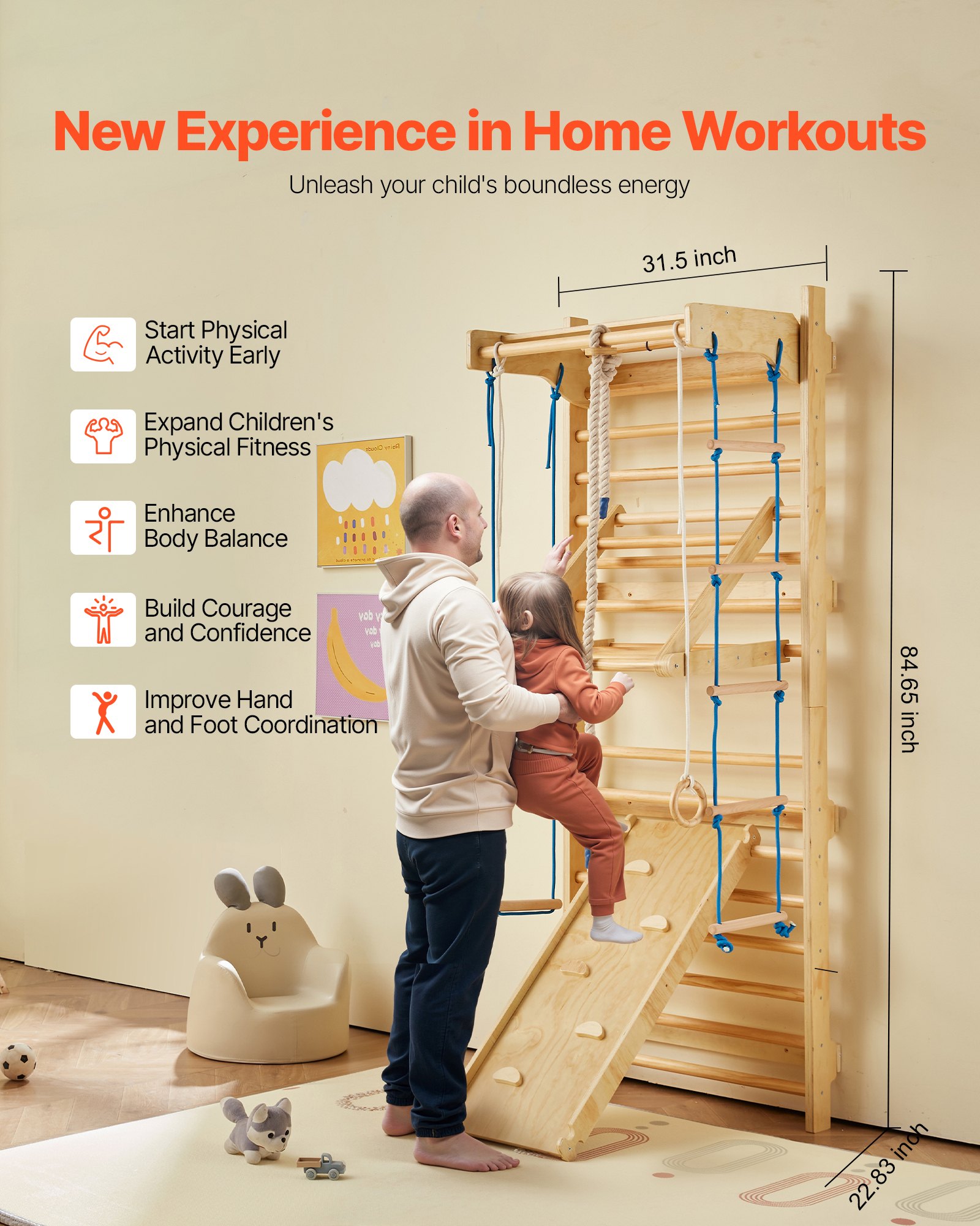 VEVOR Swedish Ladder Wall Gym, 8-in-1 15 Levels Solid Wood Indoor Jungle Gym, 220LBS Wall Stall Bars Climbing Playset with Wall Ladder, Slide Board, Pull-Up Bar, Gym Rings, Swing Seat, Rope Ladder