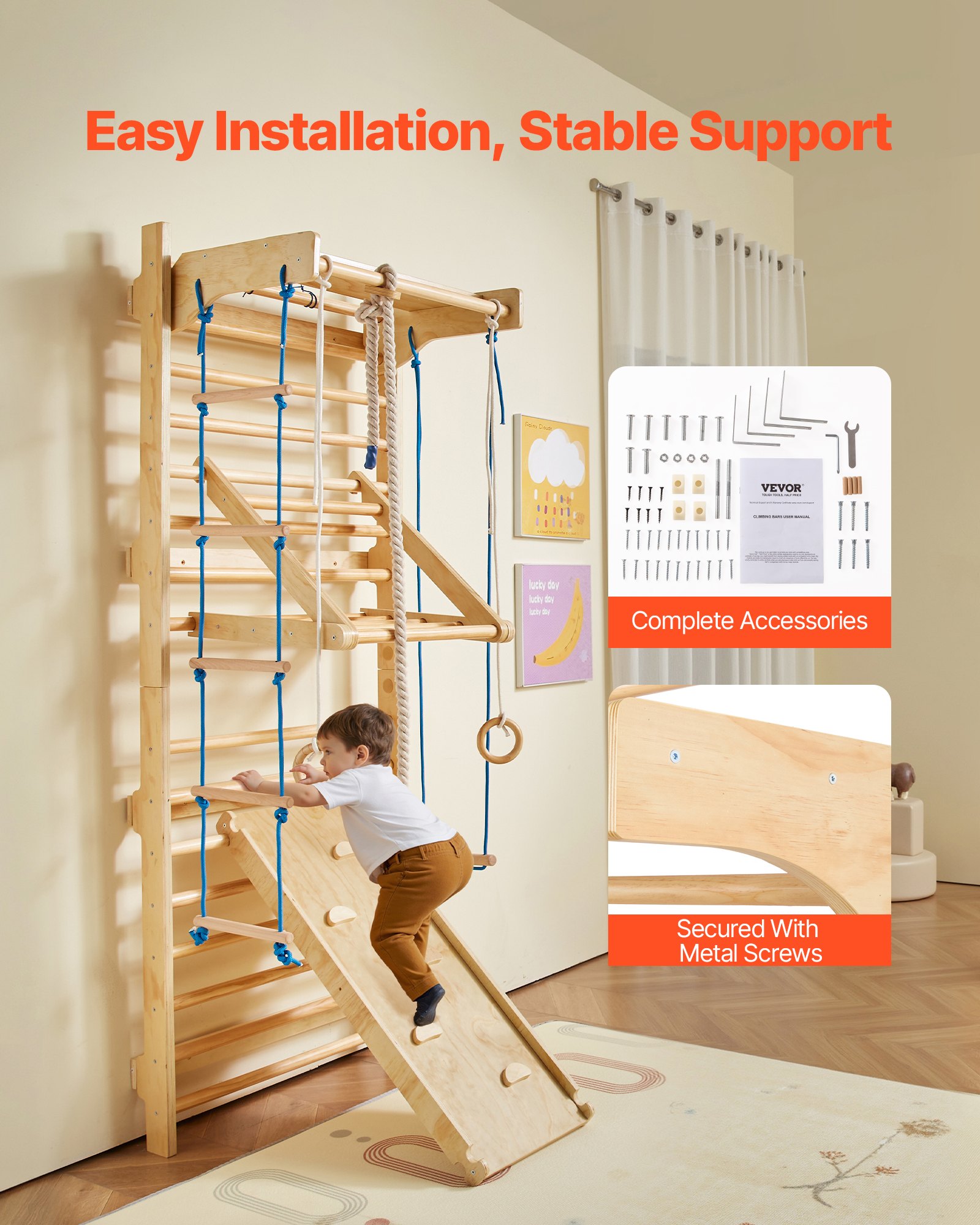 VEVOR Swedish Ladder Wall Gym, 8-in-1 15 Levels Solid Wood Indoor Jungle Gym, 220LBS Wall Stall Bars Climbing Playset with Wall Ladder, Slide Board, Pull-Up Bar, Gym Rings, Swing Seat, Rope Ladder