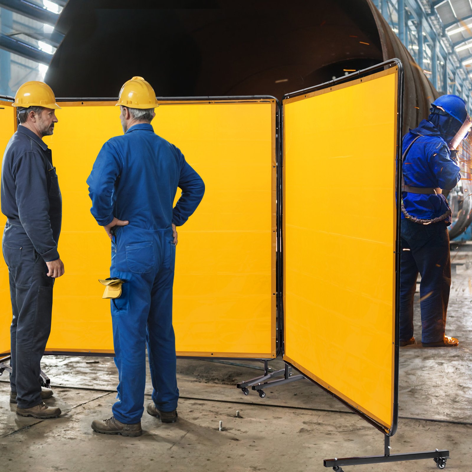 VEVOR 3-paneels lasgordijn 1,8 x 1,8 m lasbeschermingsgordijn van vlamvertragend vinyl, lasbeschermingswand met 4 zwenkwielen en 6-laags UV-bescherming, lasdeken, geel