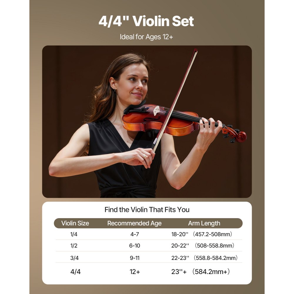 VEVOR Violin 355mm Full Size for Adults, Violin Fiddle Set for Beginners Student with Hard Case,Rosin, Bow,Shoulder Rest,Bridge,Extra Strings,Professional Solidwood Instrument (Glossy Brown)