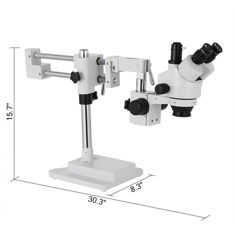 VEVOR 3.5X-90X Simul Focal Trinocular Zoom Stereo Microscoop Al-Zn Legering 360 Graden Draaibare Trinocular Stereo Microscoop Dubbele Arm Stand Laboratorium Video Microscoop Twee Hoogte Verstelbare Stand Accessoires