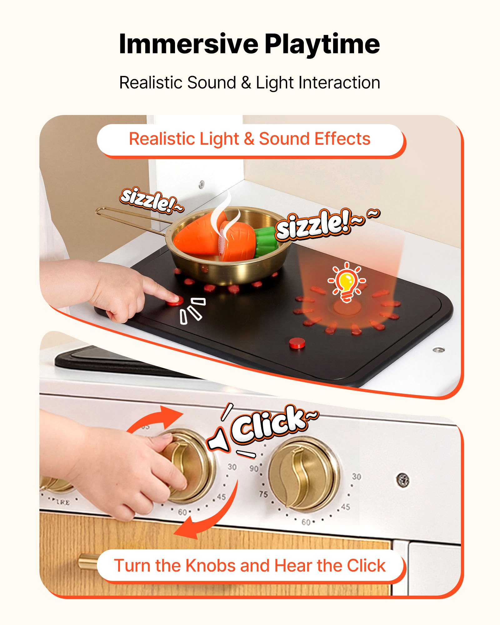 VEVOR Speelkeuken voor kinderen, Realistische houten speelkeuken met licht en geluid, Houten keuken met fornuis, oven, gootsteen, magnetron, kastjes, Keukenspeelgoed met kookset voor kinderen van 3-8 jaar, Beige