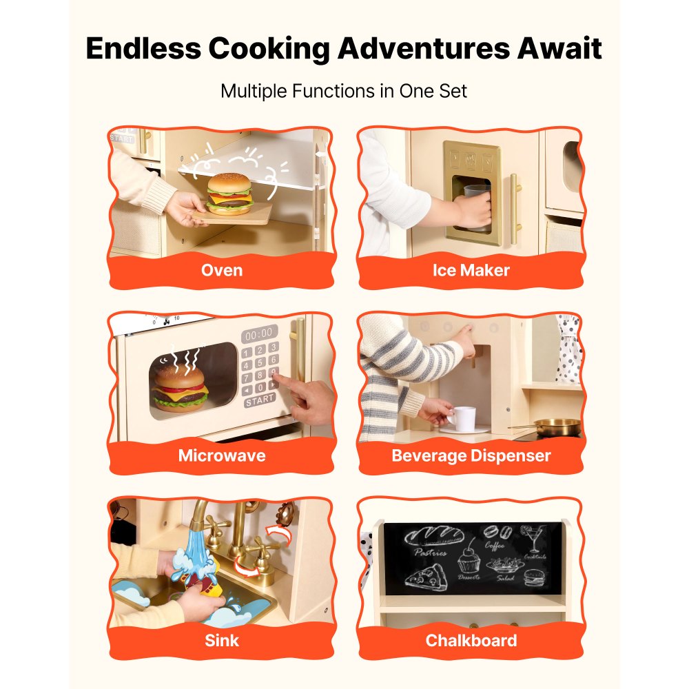 VEVOR Speelkeuken voor kinderen, moderne kinderkeuken met licht en geluid, houten keuken met fornuis, oven, gootsteen, magnetron, ijsdispenser en drankdispenser, keukenspeelgoed met kookset voor kinderen vanaf 3 jaar, beige