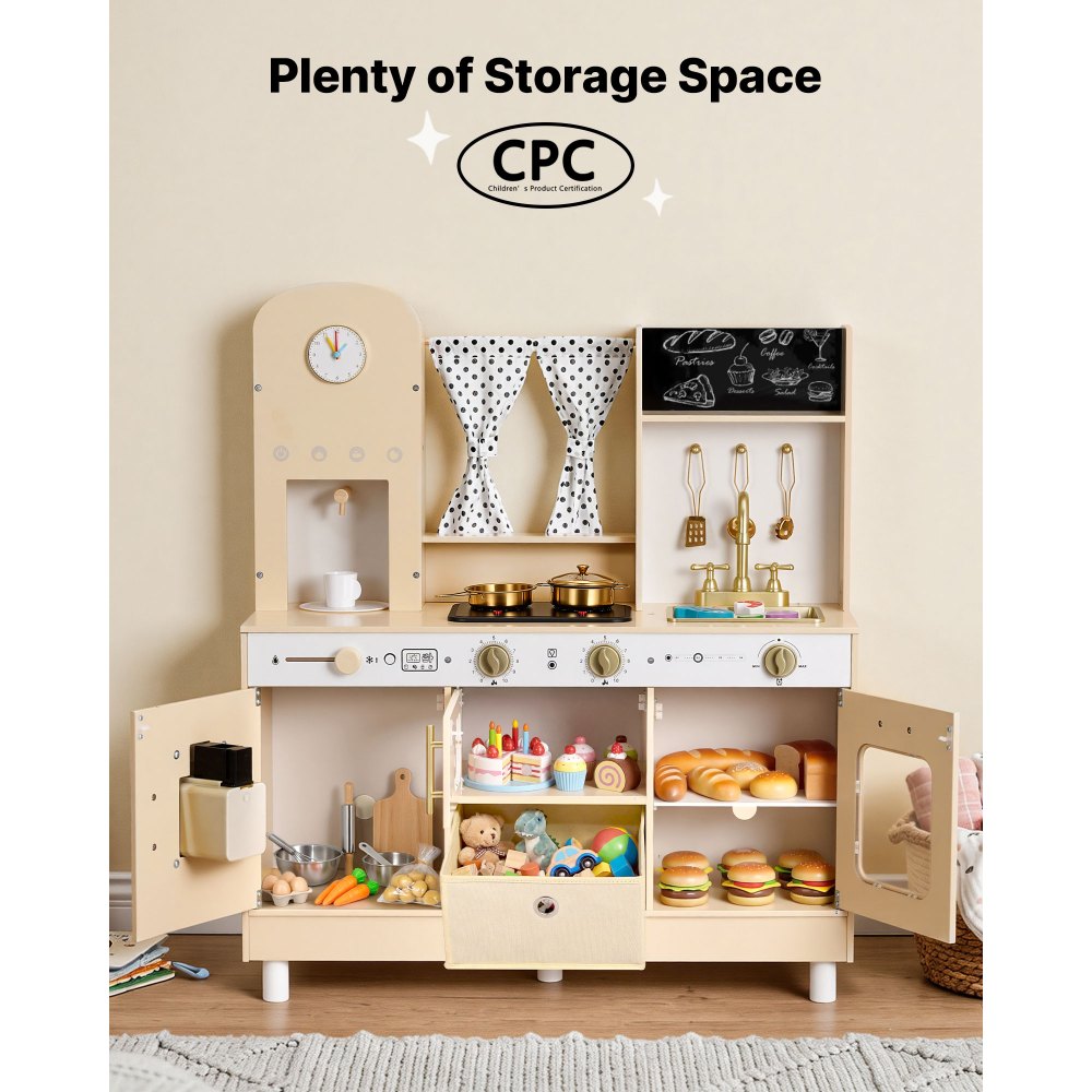 VEVOR Speelkeuken voor kinderen, moderne kinderkeuken met licht en geluid, houten keuken met fornuis, oven, gootsteen, magnetron, ijsdispenser en drankdispenser, keukenspeelgoed met kookset voor kinderen vanaf 3 jaar, beige